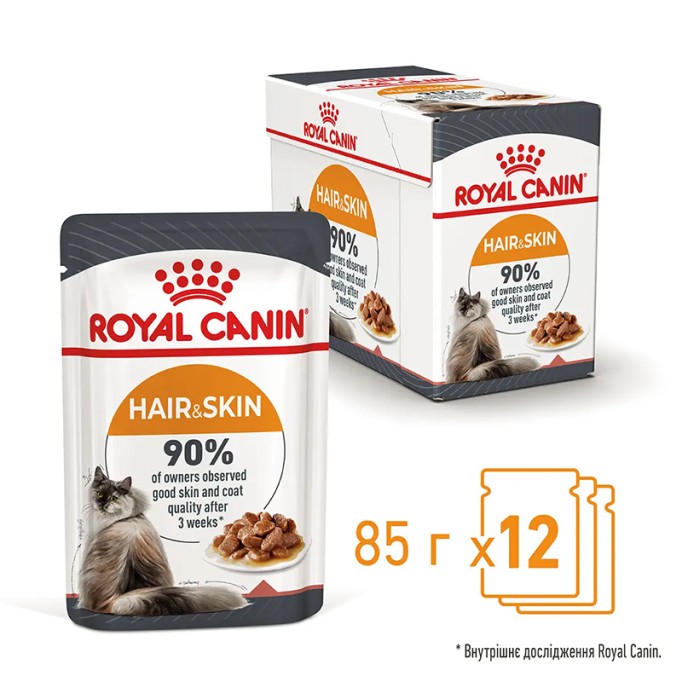 Royal Canin Hair & Skin Care Gravi Вологий корм для здоров'я шкіри та краси шерсті дорослих котів (шматочки у соусі) 85г 12шт