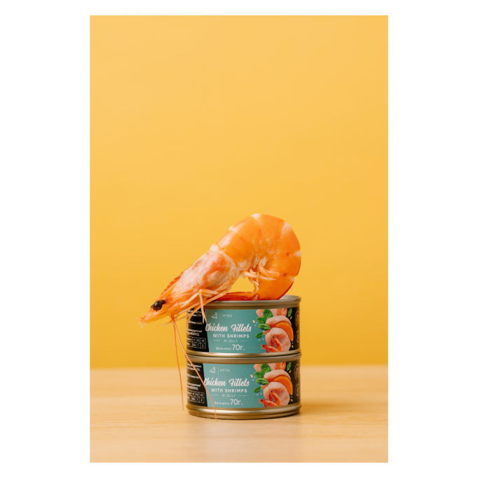 Savory Chicken Fillets rich in Shrimps in Jelly for Kittens Вологий корм з філе курки та креветками для кошенят (в желе) 70г