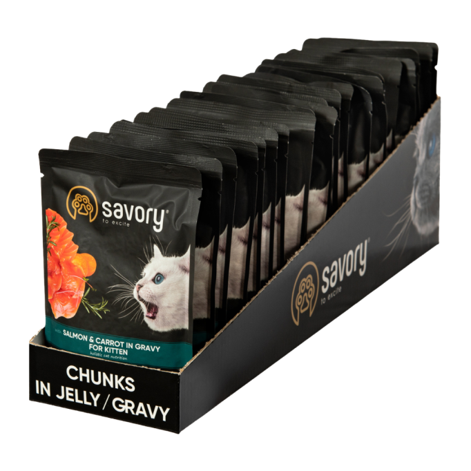 Savory Kitten Pouch Salmon & Carrot in Gravy Вологий корм з лососем та морквою для кошенят (в соусі) 85г 22шт