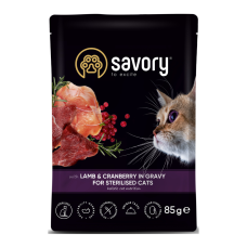 Savory Sterilised Cat Pouch Lamb & Cranberry in Gravy Вологий корм з ягням та журавлиною для дорослих стерилізованих котів (в соусі) 85г 22шт