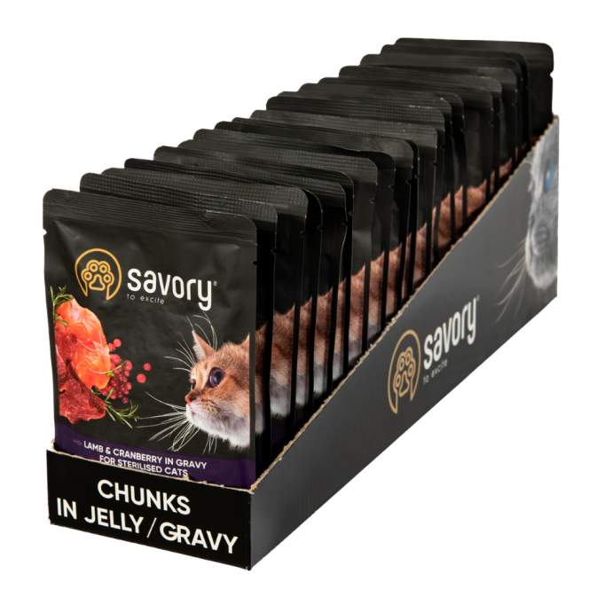 Savory Sterilised Cat Pouch Lamb & Cranberry in Gravy Вологий корм з ягням та журавлиною для дорослих стерилізованих котів (в соусі) 85г 22шт