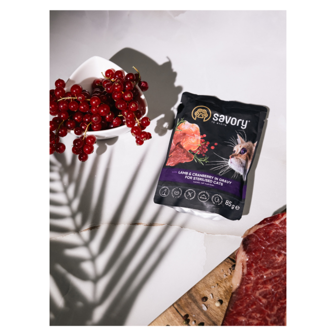 Savory Sterilised Cat Pouch Lamb & Cranberry in Gravy Вологий корм з ягням та журавлиною для дорослих стерилізованих котів (в соусі) 85г 22шт
