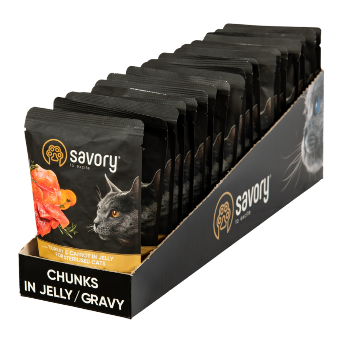 Savory Sterilised Cat Pouch Turkey & Carrot in Jelly Вологий корм з індичкою та морквою для дорослих стерилізованих котів (в желе) 85г 22шт