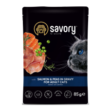 Savory Adult Cat Pouch Salmon & Peas in Gravy Вологий корм з лососем та горошком для дорослих котів (в соусі) 85г 22шт