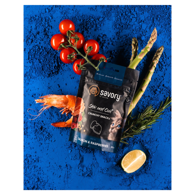 Savory Skint and Coat Хрусткі подушечки з лососем та малиною для дорослих котів для здоров'я шкіри та шерсті 50г