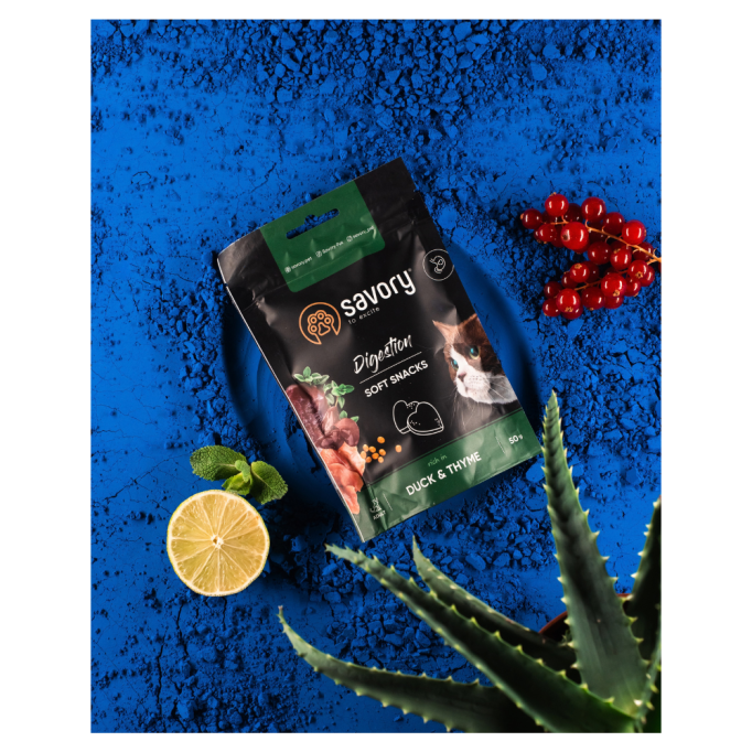 Savory Digestion Soft Snack Duck & Thyme М'які ласощі з качкою та чебрецем для дорослих котів для покращення травлення 50г
