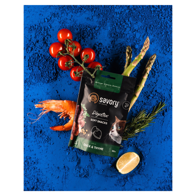 Savory Digestion Soft Snack Duck & Thyme М'які ласощі з качкою та чебрецем для дорослих котів для покращення травлення 50г