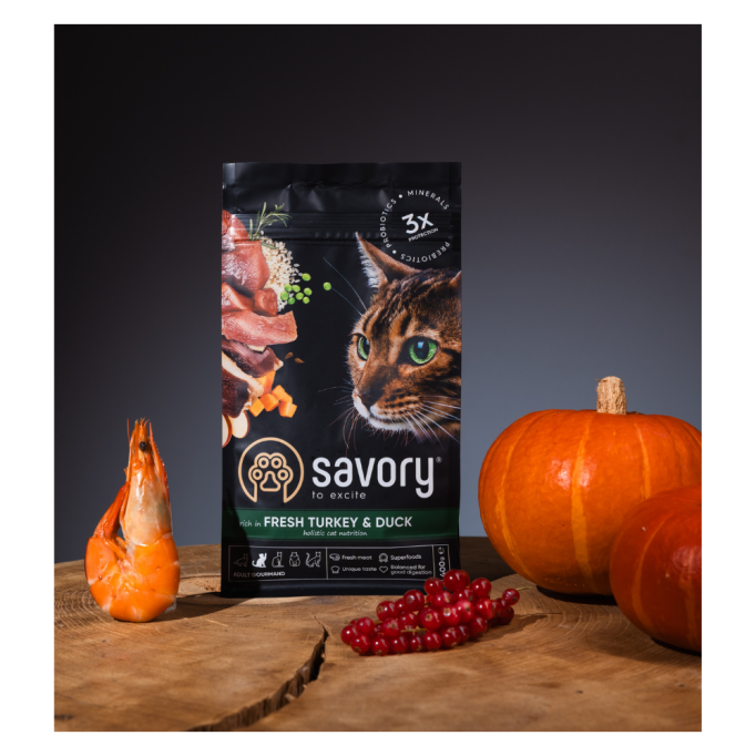 Savory Adult Cat Gourmand Fresh Turkey & Duck Сухий корм для дорослих котів зі свіжим мясом індички та качки 400г