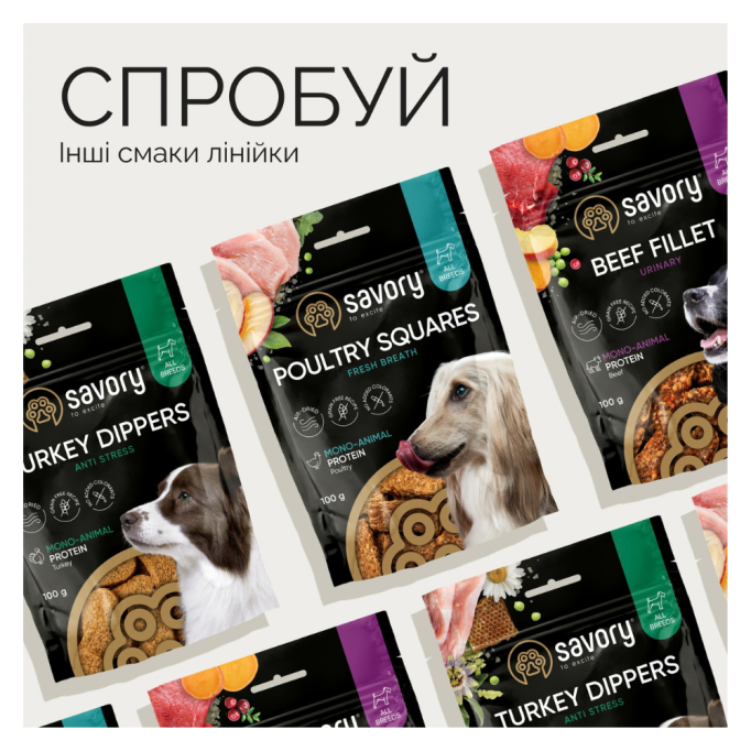 Savory Monoprotein Squares Digestion Support rich in Beef Монопротеїнові ласощі з яловичиною для дорослих собак для підтримки травлення 100г