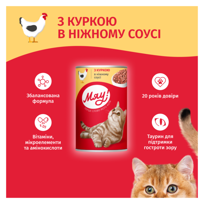 Мяу Вологий корм з куркою для дорослих котів (в соусі) 415г