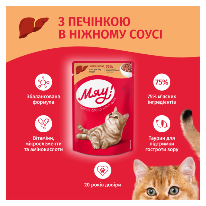 Мяу Вологий корм з печінкою для дорослих котів (в соусі) 85г 24шт