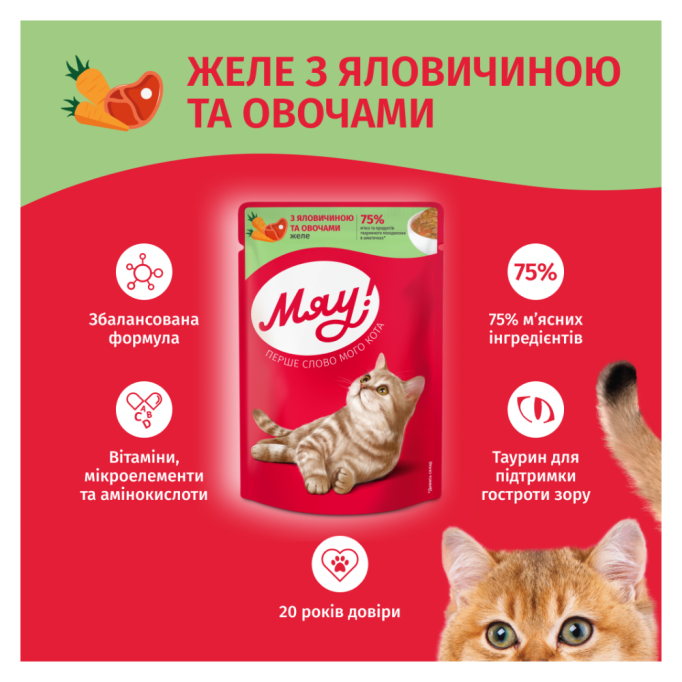 Мяу Вологий корм з яловичиною та овочами для дорослих котів (в желе) 85г 24шт