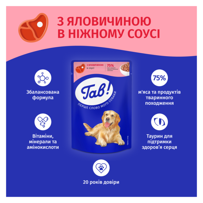 Гав Вологий корм з яловичиною для дорослих собак (в соусі) 100г 24шт