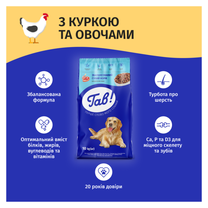Гав Сухий корм з куркою та овочами для дорослих собак 10кг