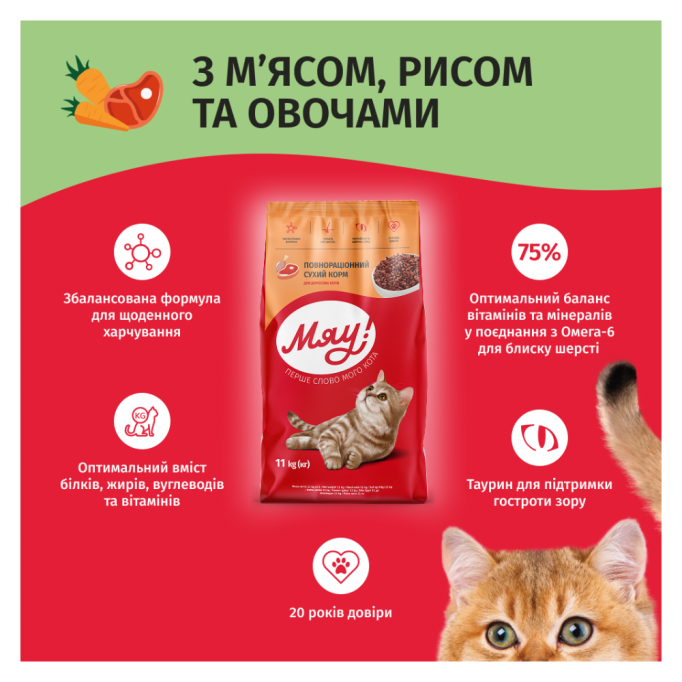 Мяу Сухий корм з м’ясом рисом та овочами для дорослих котів 11кг