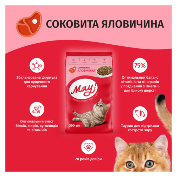 Мяу Сухий корм з яловичиною для дорослих котів 11кг