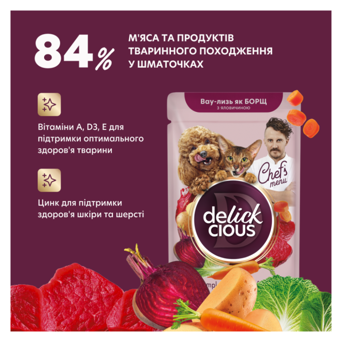 Delickcious Борщ з яловичиною Вологий корм додатковий для дорослих котів та собак (в соусі) 85г 12шт