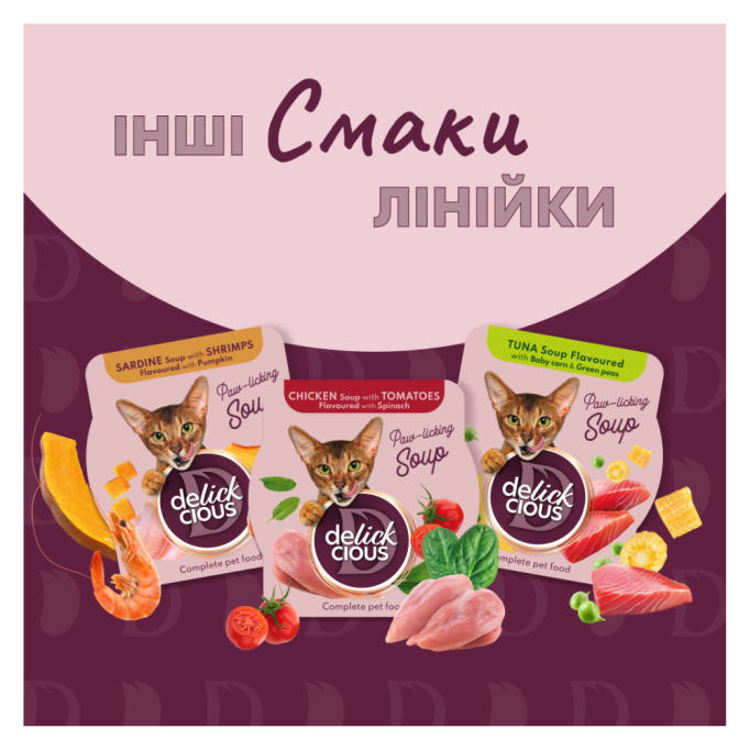 Delickcious Суп з курки з шинкою та шпинатом Вологий корм для дорослих котів 80г