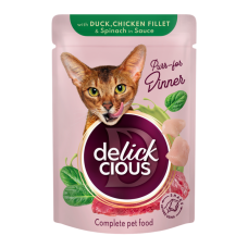 Delickcious Шматочки з качкою, курячим філе і шпинатом Вологий корм для дорослих котів (в соусі) 85г 12шт