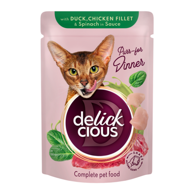 Delickcious Шматочки з качкою, курячим філе і шпинатом Вологий корм для дорослих котів (в соусі) 85г 12шт