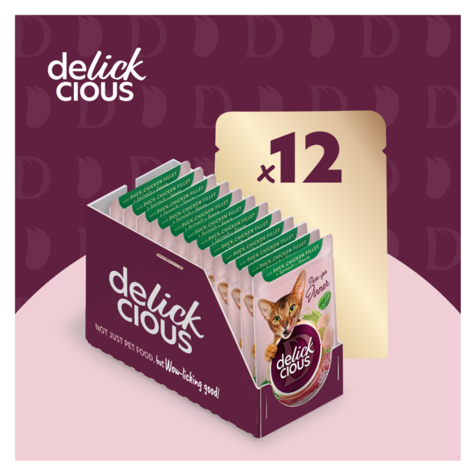 Delickcious Шматочки з качкою, курячим філе і шпинатом Вологий корм для дорослих котів (в соусі) 85г 12шт