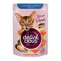 Delickcious Шматочки з лососем і мідіями Вологий корм для дорослих котів (в соусі) 85г 12шт