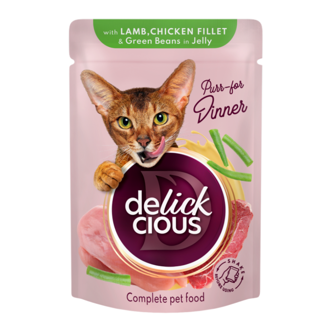 Delickcious Шматочки з ягнятиною, курячим філе і квасолею спаржевою Вологий корм для дорослих котів (в желе) 85г 12шт