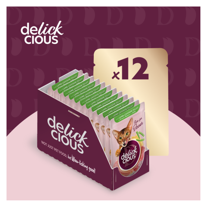 Delickcious Шматочки з ягнятиною, курячим філе і квасолею спаржевою Вологий корм для дорослих котів (в желе) 85г 12шт