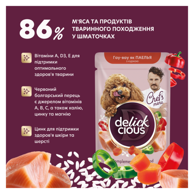 Delickcious паелья з куркою, рисом та овочами Вологий корм додатковий для дорослих собак (в соусі) 85г 12шт