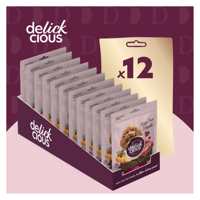 Delickcious Сушені снеки з ягням, бататом і журавлиною для дорослих собак 80г