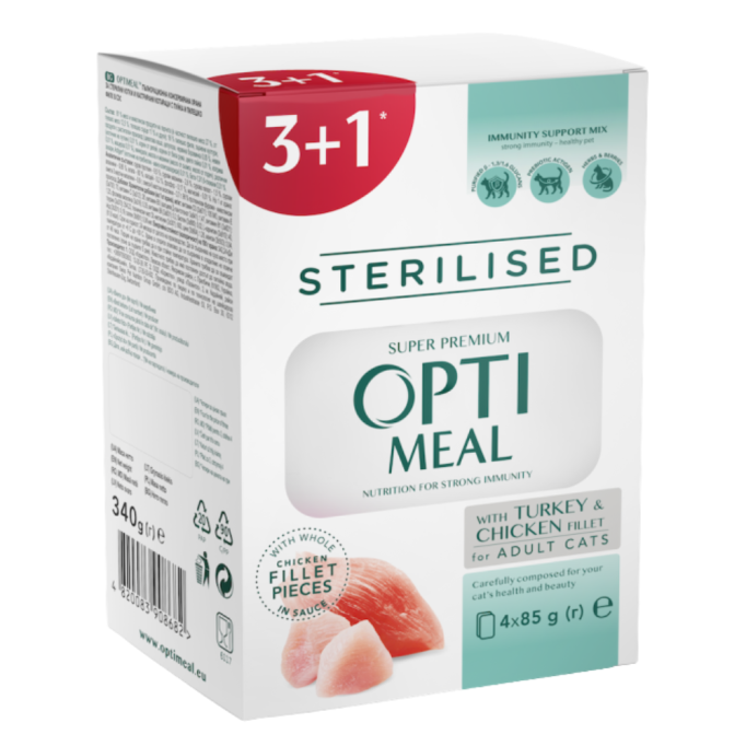 Optimeal Набір "Adult Cats Sterilised Turkey & Chicken Вологого корму для дорослих стерилізованих та кастрованих котів з індичкою та курячим філе в соусі" (3+1) 85г 4шт