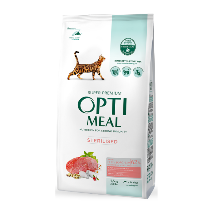 Optimeal Adult Cat Sterilised Beef & Sorghum Сухий корм з яловичиною та сорго для стерилізованих котів 1,5кг