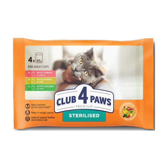 Club 4 Paws Set with Turkey, Rabbit, Chicken Набір вологого корму для дорослих стерилізованих котів 85г 4шт