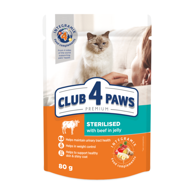 Club 4 Paws Вологий корм з яловичиною для стерилізованих котів (в желе) 80г 24шт