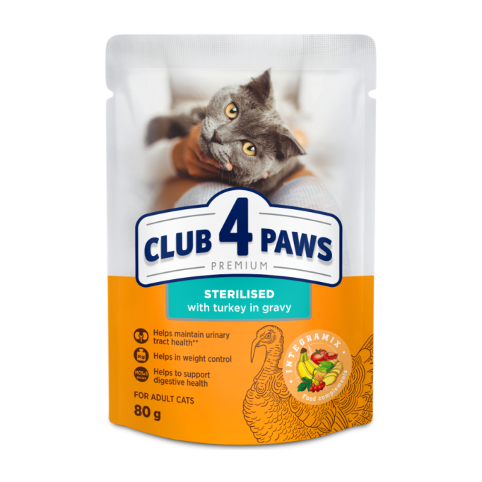 Club 4 Paws Вологий корм з індичкою для стерилізованих котів (в соусі) 80г 24шт